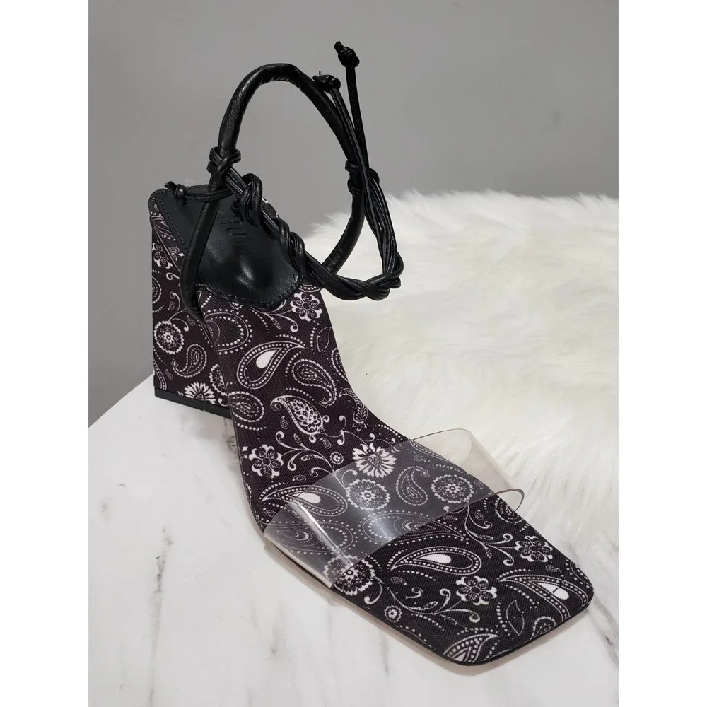 SIZE 8.5 SCHUTZ Mayala BLACK Paisley Tie Front Heeled Square Toe Sandal Abstract